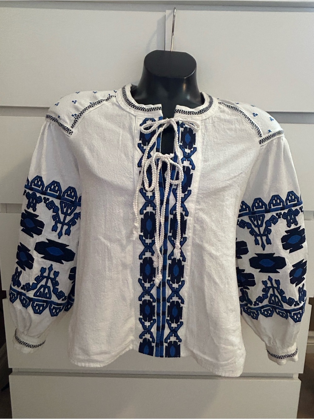 Boho ‘Central Park West’ New York Embroidered B/W Boho Peasant Blouse Size S